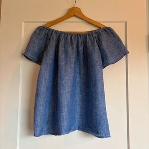 Joie 100% Linen Off Shoulder Flowy Blue Boho Peasant Top Size XS Festival Summer